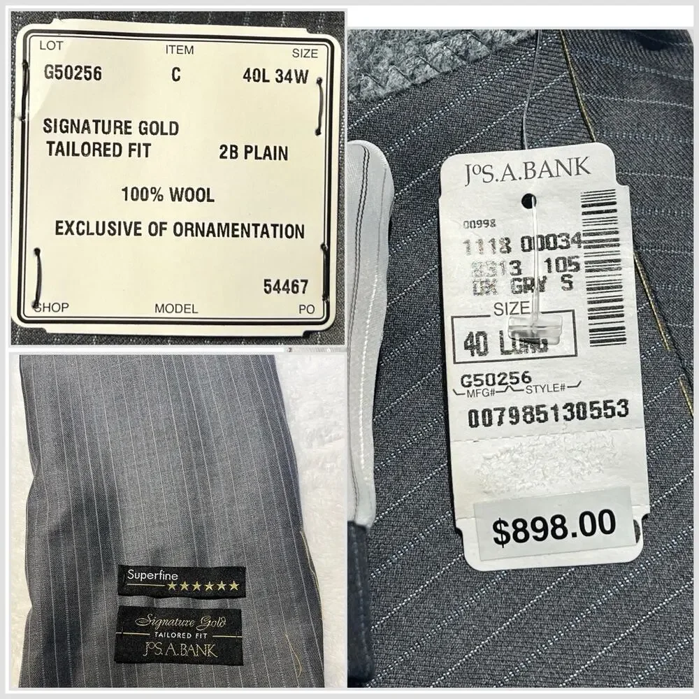 New Jos A Bank Signature Gold 40-42L 33x30 Tailored Fit Gray Pinstripe Note